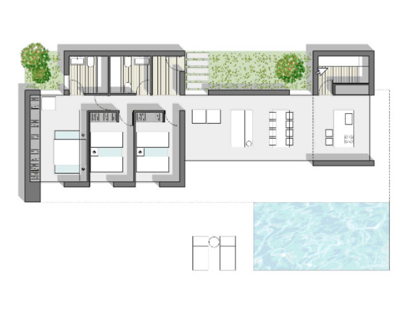 Detailed floor plan illustrating the single-story layout, featuring three bedrooms, an open-concept living area, integrated kitchen, and outdoor terrace with a private pool.