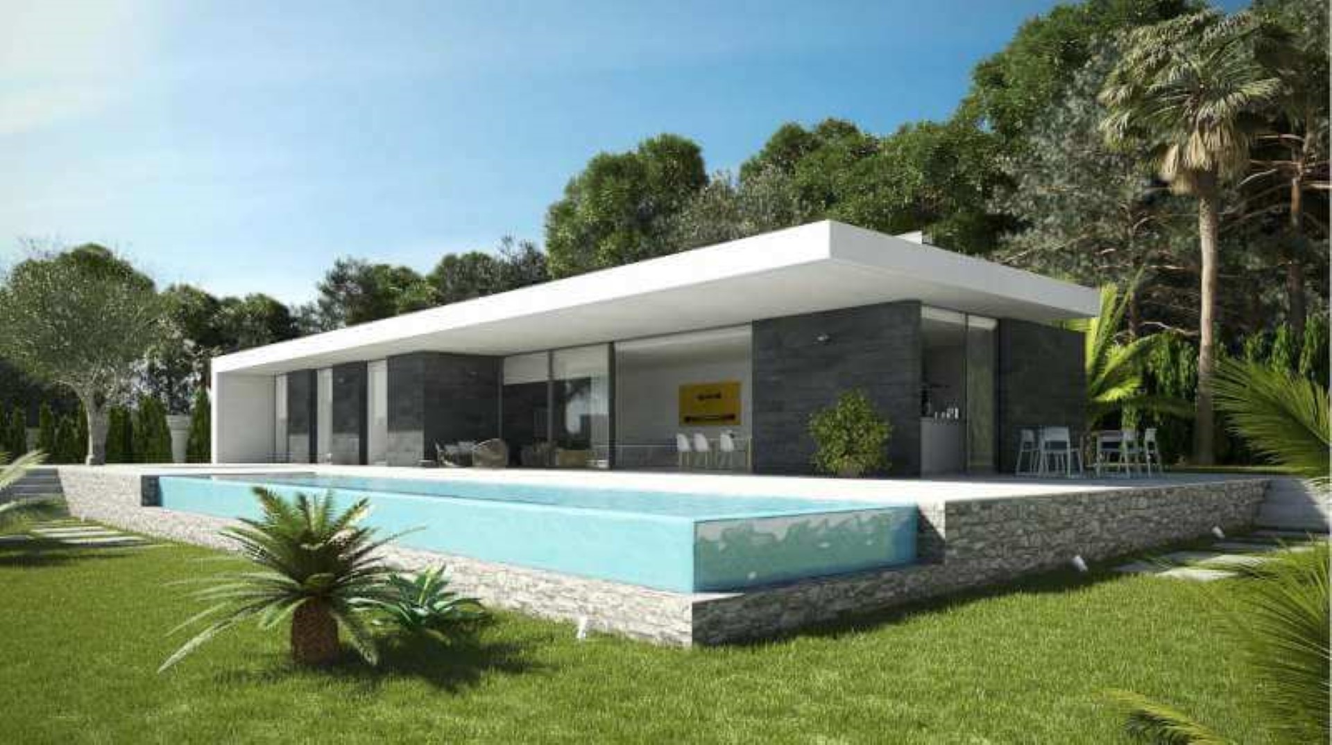 Modern single-story villa featuring an infinity pool with glass edges, dark slate wall cladding, and floor-to-ceiling windows overlooking a landscaped garden.