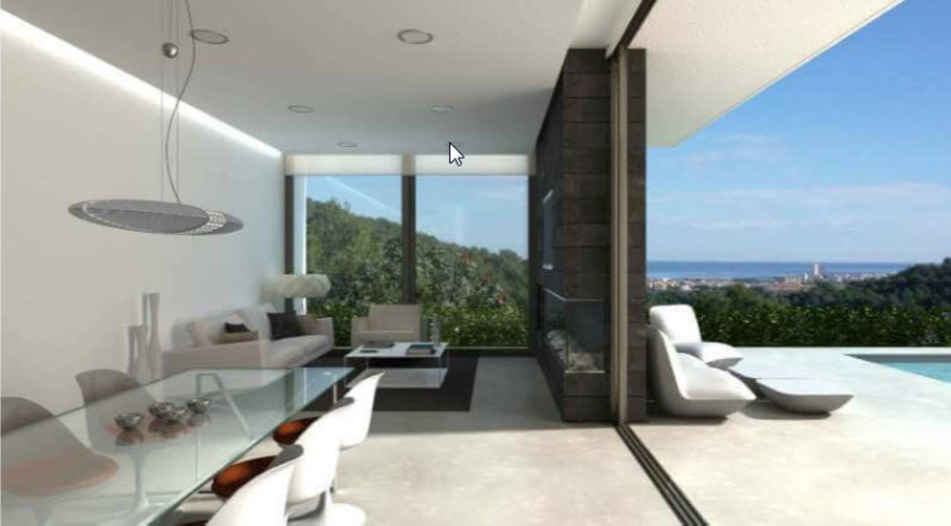 Open-plan living area featuring floor-to-ceiling glass doors, a stone-clad fireplace, and seamless access to a terrace with sea views and a pool.