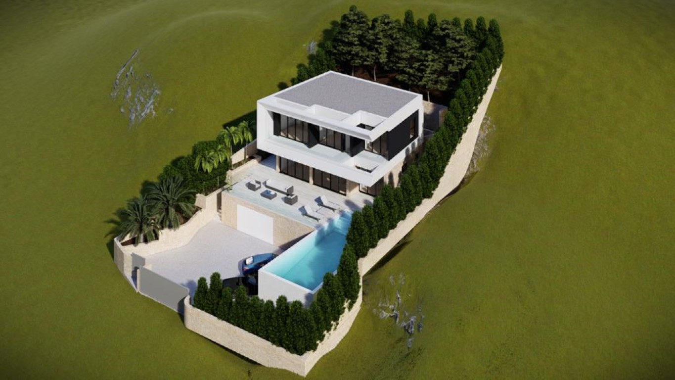 Aerial architectural render showing a contemporary villa with white geometric lines, a long infinity pool, sun terraces, and stone retaining walls on a sloped plot.