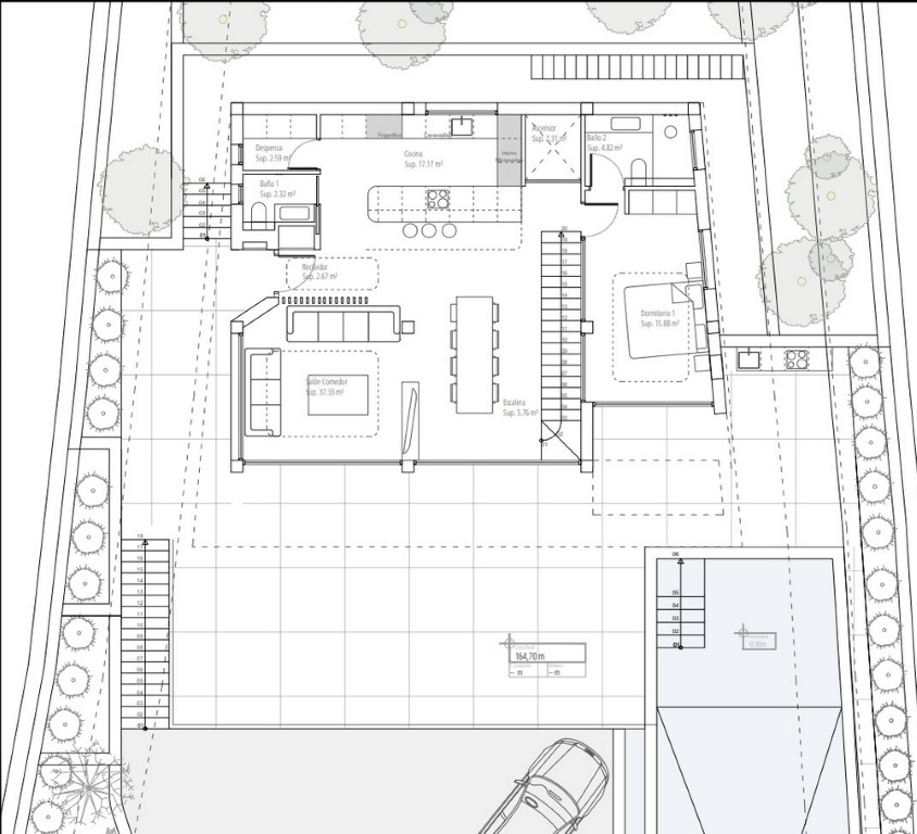 Detailed floor plan of the main level featuring an open-concept living area, kitchen with island, en-suite bedroom, and expansive outdoor terrace.