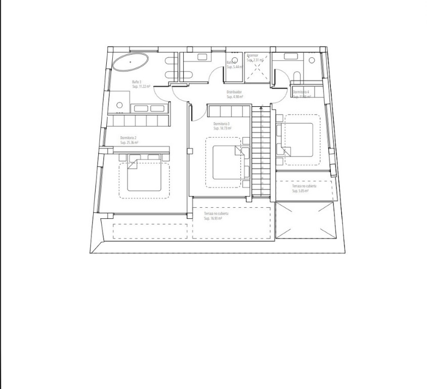 Detailed floor plan of the upper level featuring three bedrooms, an en-suite master suite, elevator access, and spacious open terraces for outdoor living.