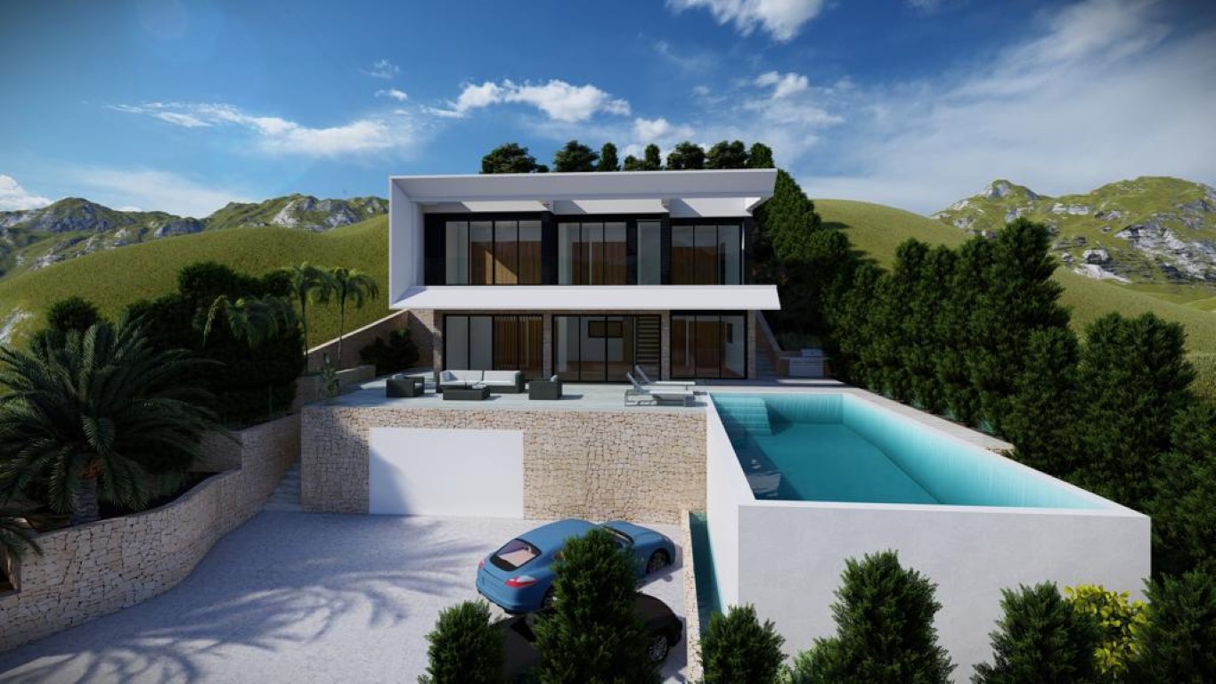 Exterior rendering of a modern villa featuring an infinity pool, floor-to-ceiling glass, and natural stone walls built into the hillside.