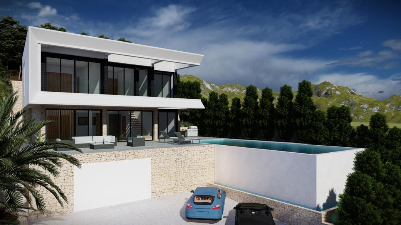 Exterior rendering of a modern villa featuring an infinity pool, natural stone walls, and expansive floor-to-ceiling glass windows overlooking the mountains.