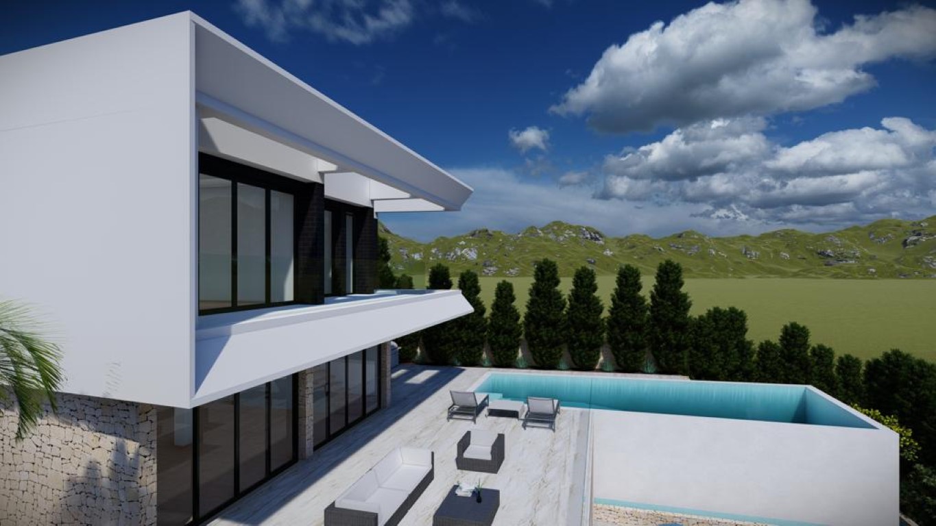 Exterior view of the villa featuring an infinity pool, designer terrace furniture, and a minimalist white facade with natural stone accents.