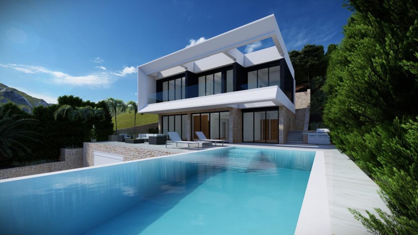 Modern design villa featuring a 60 sqm infinity pool, natural stone facade, and a white geometric upper structure with floor-to-ceiling windows and glass railings.