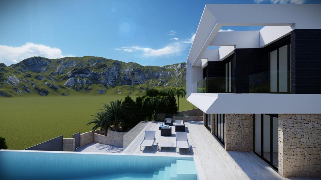 Modern villa exterior featuring an infinity pool, natural stone terrace, and mountain views. The design showcases white geometric architecture with black accents and glass railings.