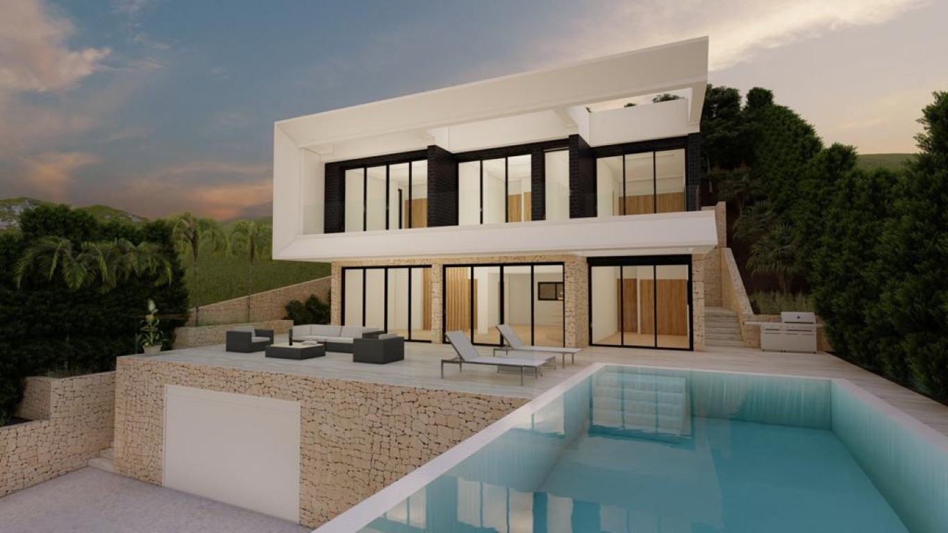 Modern villa exterior featuring an infinity pool, natural stone walls, expansive glass facades, and a spacious terrace with lounge furniture and outdoor kitchen.