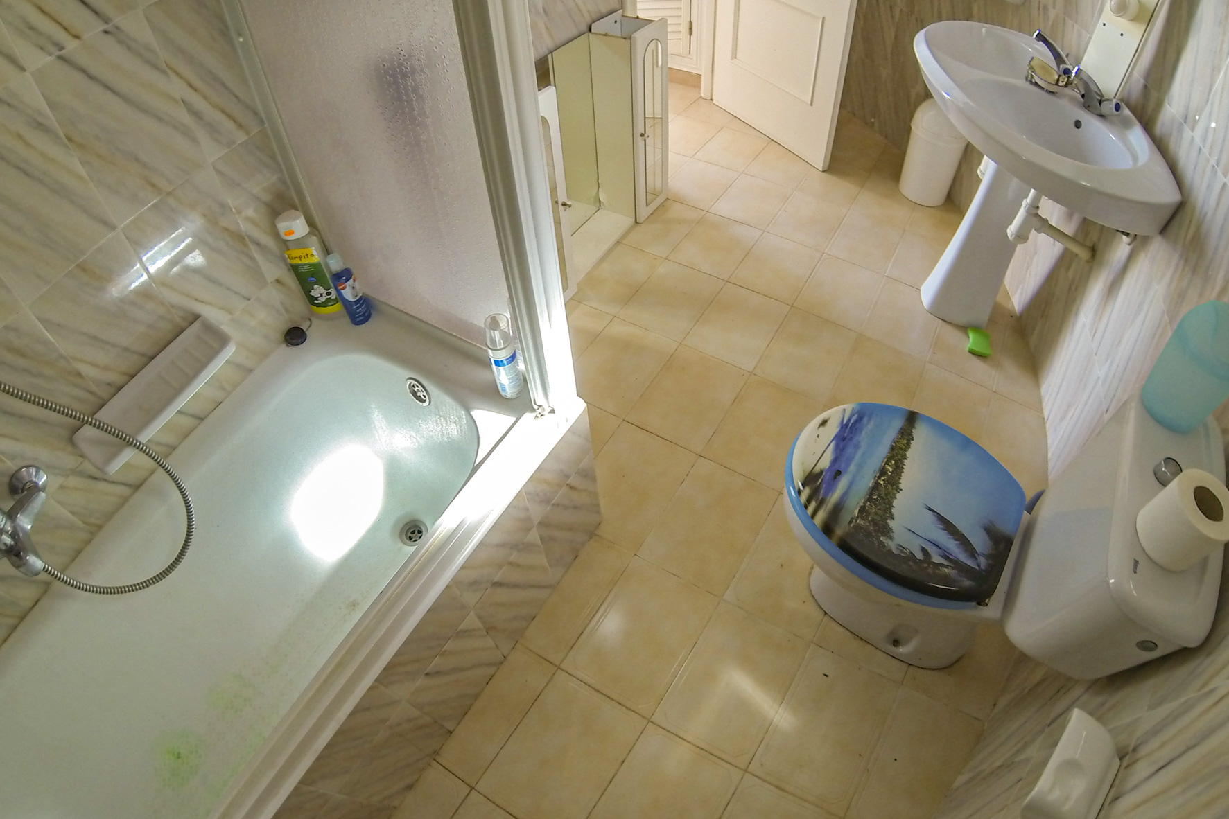 Bathroom featuring a bathtub, pedestal sink, and toilet with a decorated lid.