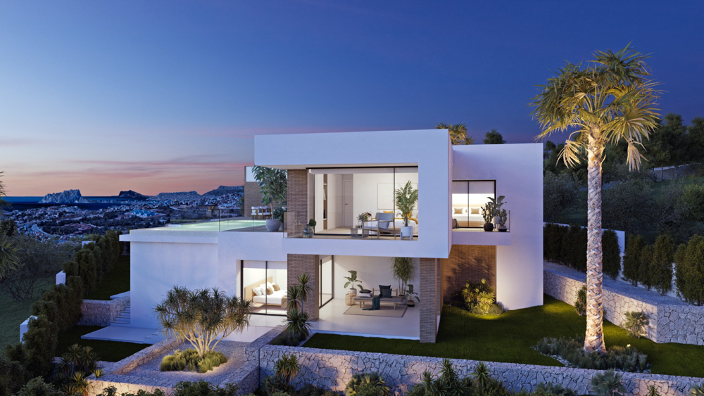 Dusk exterior of the modern villa featuring white architecture, brick accents, an infinity pool, and landscaped terraces with expansive coastal views.