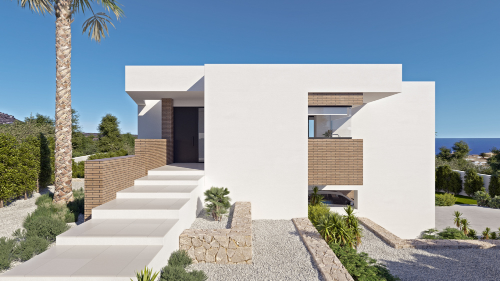Minimalist main entrance featuring wide porcelain steps, brick accents, and natural stone walls within a landscaped gravel garden under a clear sky.