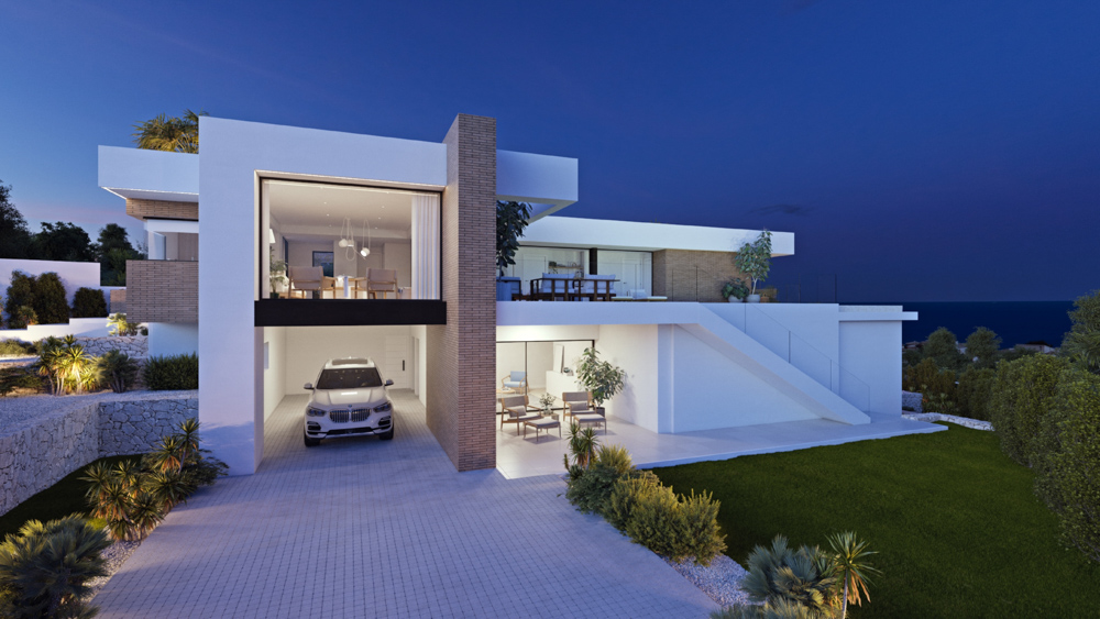 Modern two-level facade featuring an integrated garage, natural stone walls, and large windows illuminating the upper living area overlooking the sea.