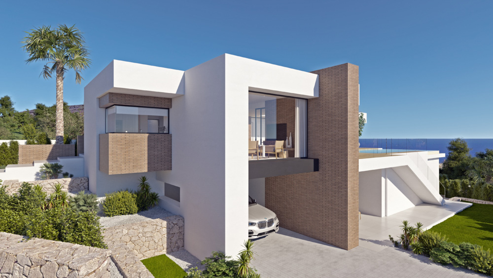 Modern villa exterior featuring white plaster, brick accents, integrated garage, and a glass-walled upper level overlooking the infinity pool and Mediterranean Sea.