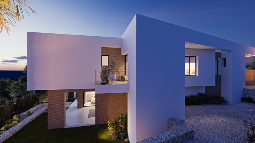 Modern villa facade at dusk featuring white geometric volumes, brick accents, glass balconies, and illuminated interiors against a Mediterranean backdrop.