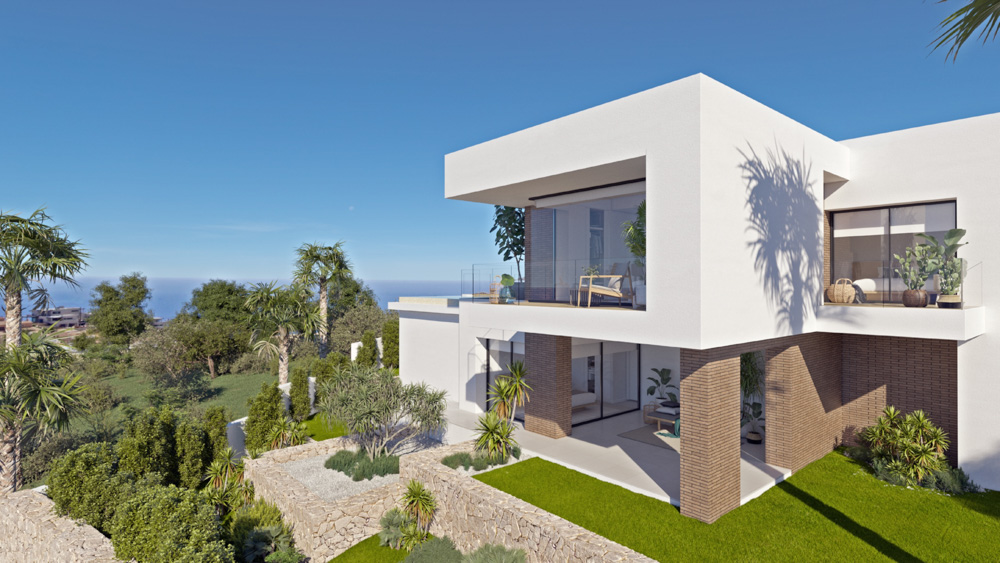 Modern white villa facade featuring brick accents, glass-railed balconies, and a landscaped garden with natural stone walls overlooking the Mediterranean coast.