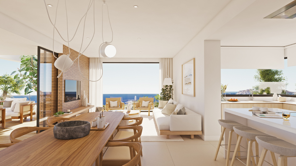 Open-plan living and dining space featuring a brick accent wall, natural wood furniture, and large windows with panoramic Mediterranean views.