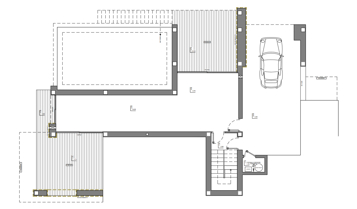 Technical floor plan of the ground level featuring the garage, a spacious multipurpose room, access stairs, and two integrated covered porches.