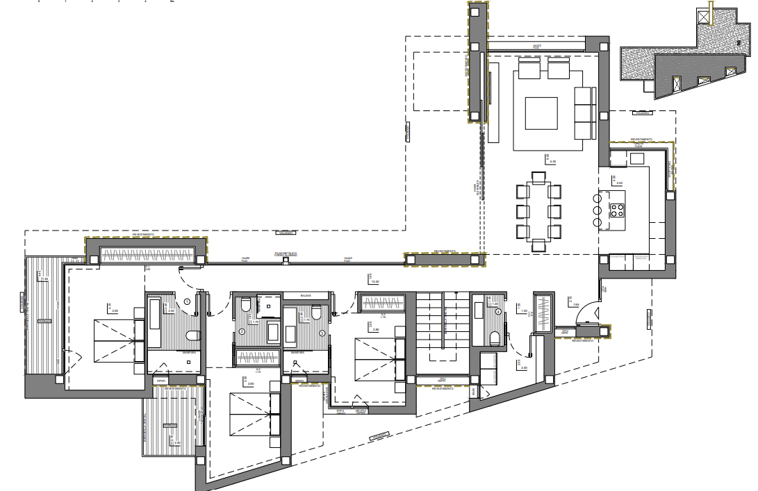 Technical floor plan of the main level featuring three en-suite bedrooms, an open-plan living area with integrated kitchen, and expansive terrace access.