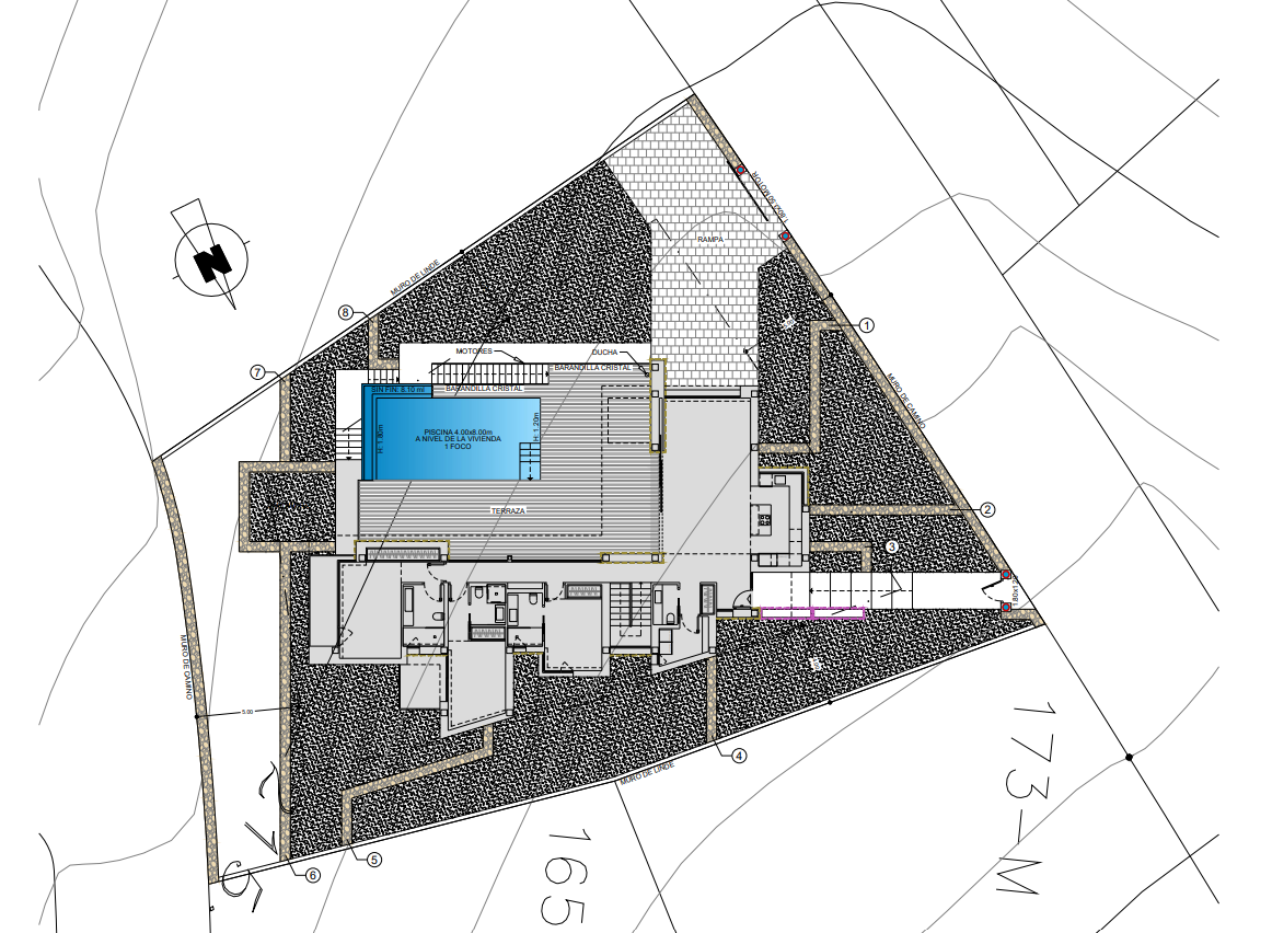 Technical site plan detailing the main floor layout, the 32sqm infinity pool, and the paved outdoor areas including the garage access ramp.