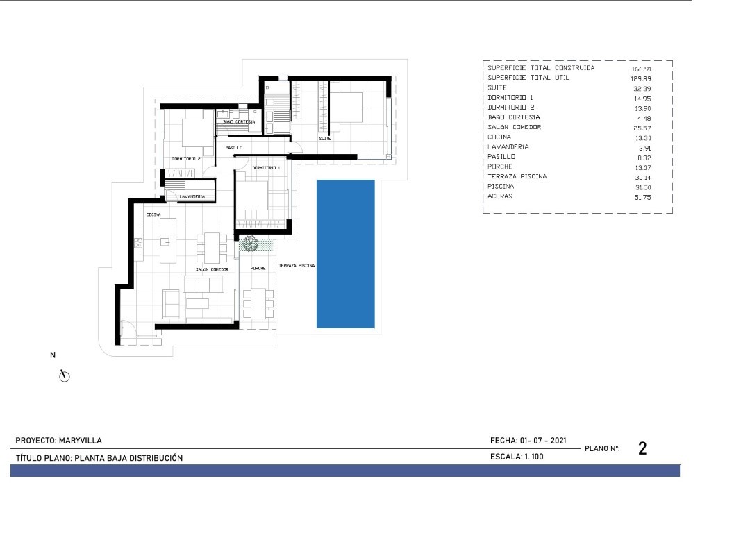 Detailed ground floor architectural plan showing the three-bedroom layout, open-plan living area, and a 31.50 m² swimming pool with terrace.