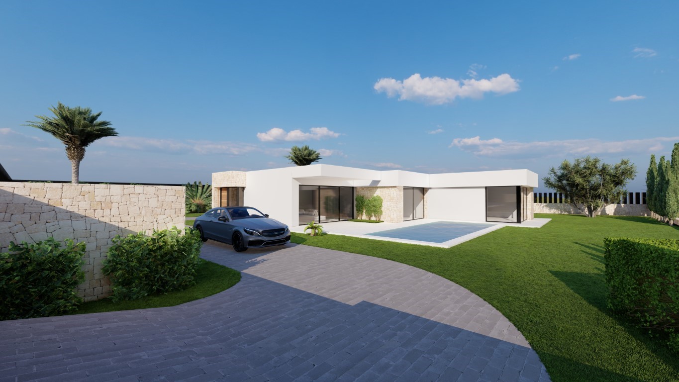 Exterior view of the modern single-story villa featuring white facades, natural stone accents, a private swimming pool, and a paved driveway integrated into the lawn.
