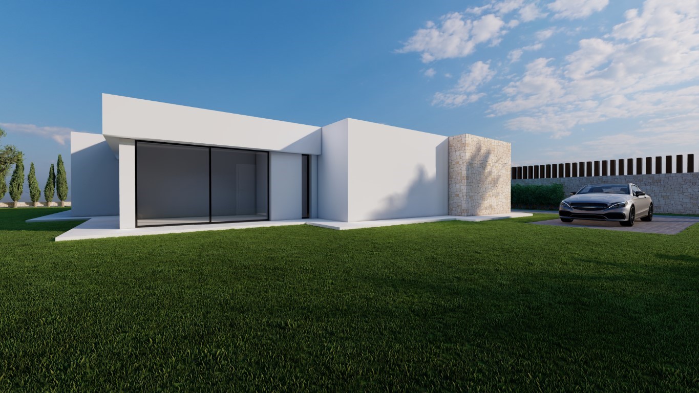 Minimalist villa exterior featuring floor-to-ceiling glass doors, a natural stone accent wall, and a paved parking space on a manicured lawn.