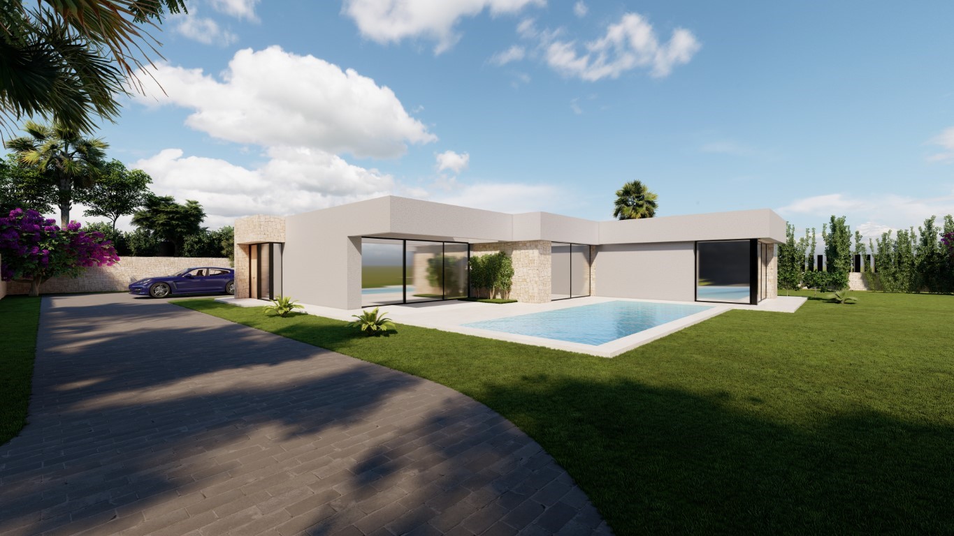 Modern single-story villa exterior featuring natural stone accents, a rectangular pool, floor-to-ceiling glass doors, and a landscaped garden with a paved driveway.
