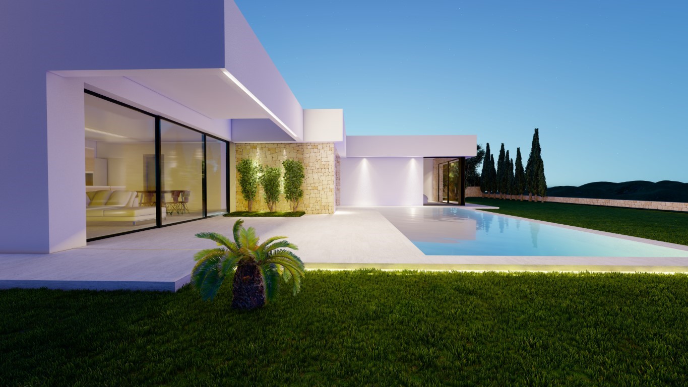 Modern villa exterior at dusk featuring a rectangular pool, integrated LED terrace lighting, and a natural stone accent wall. Large glass sliders reveal the interior living space.