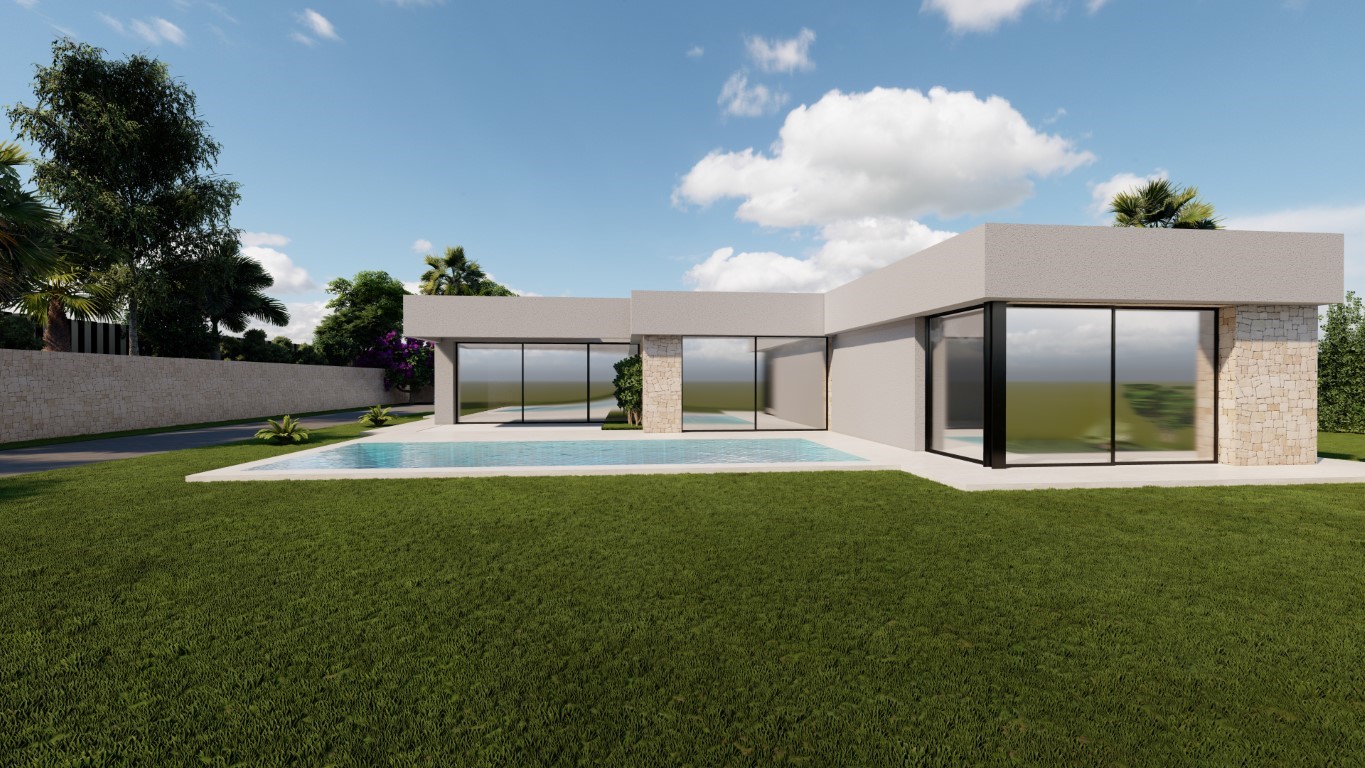 Modern villa exterior featuring white facades, natural stone accents, a rectangular swimming pool, and large glass sliders overlooking a manicured lawn.