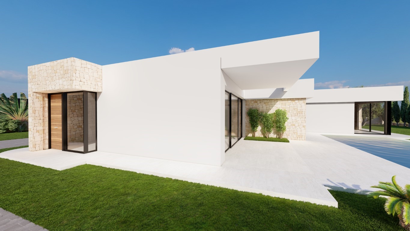 Modern villa exterior showcasing white minimalist architecture, natural stone cladding, a wooden entrance door, and a large tiled terrace adjacent to the pool.