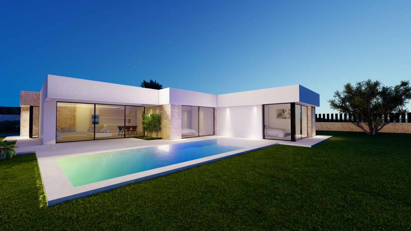 Night view of the modern villa featuring a rectangular pool, white facade with stone accents, and floor-to-ceiling glass doors showcasing the interior living spaces.
