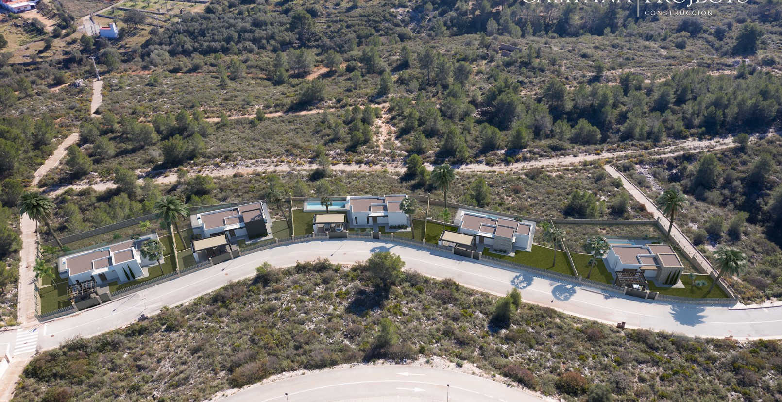 Aerial perspective of the residential project, featuring five modern single-story villas situated along a curved road within a natural Mediterranean landscape.