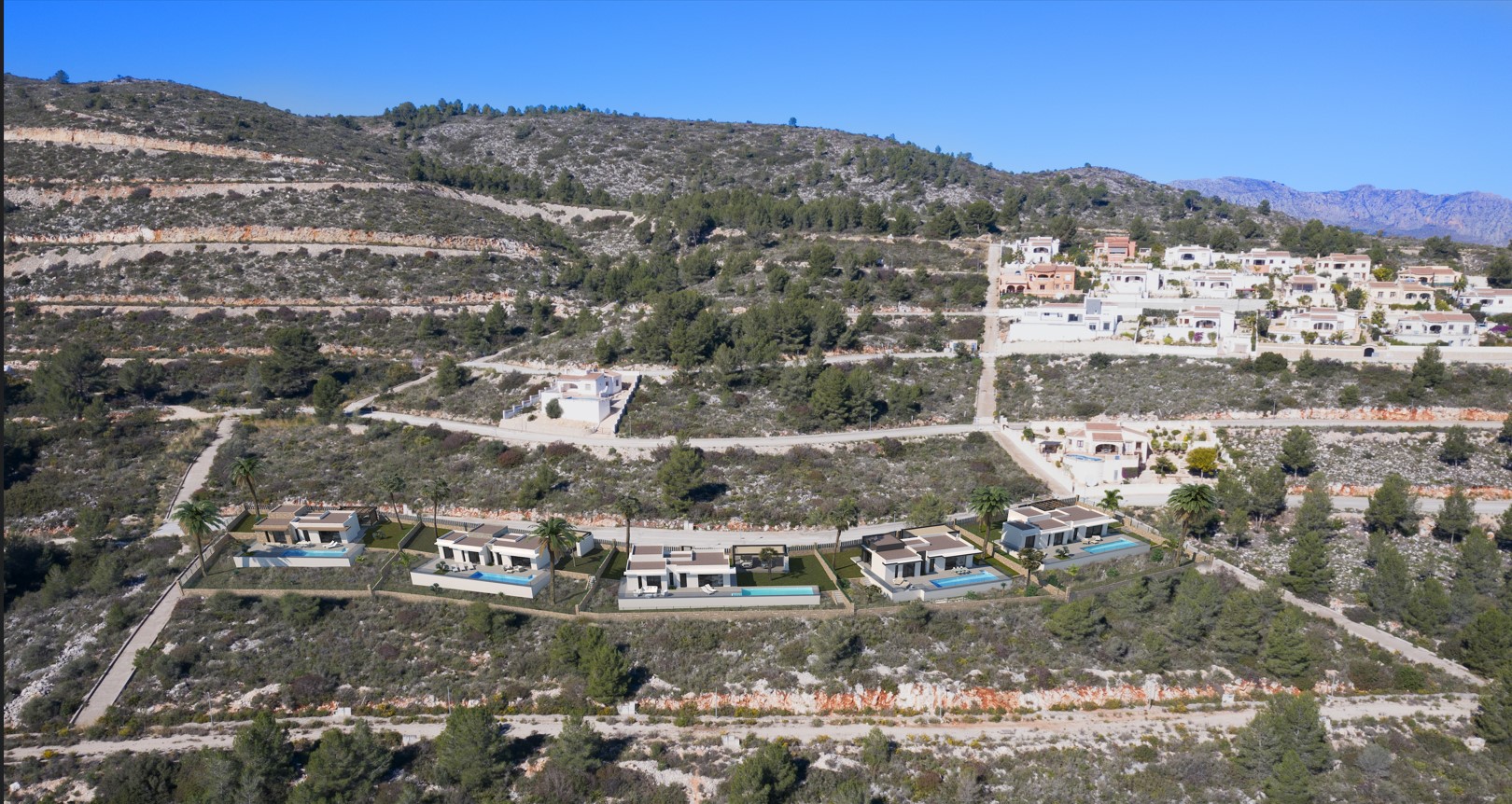 Aerial view of the development featuring five modern single-story villas with private pools, terraced into the Mediterranean hillside in Pedreguer.