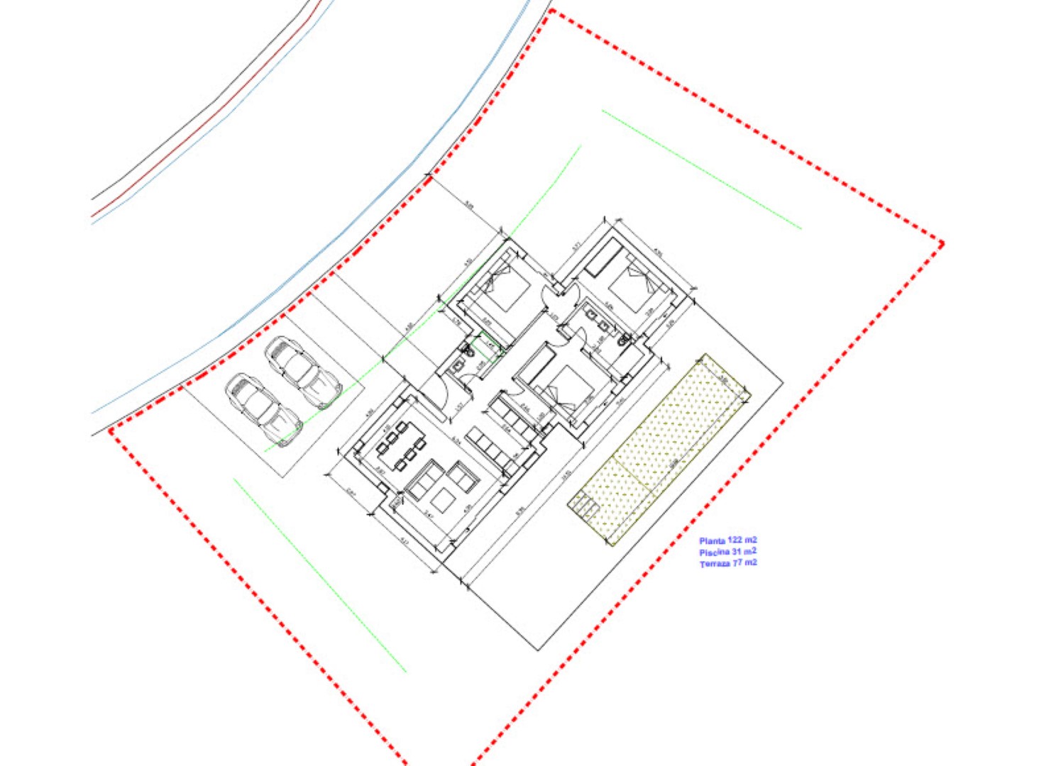 Detailed architectural floor plan illustrating the single-story layout, including three bedrooms, open-plan living space, and the outdoor terrace with pool.