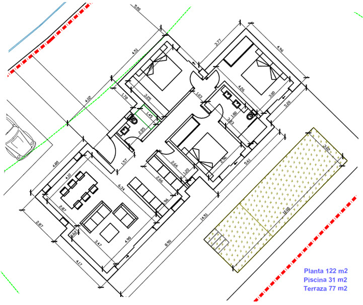 Detailed architectural floor plan of the 122 sqm villa, illustrating the three-bedroom layout, open-plan living area, and the 10x3 meter swimming pool.