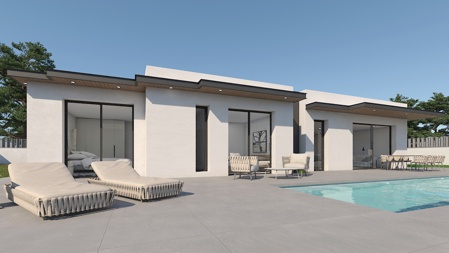 Modern single-story facade featuring large glass sliders, a grey porcelain terrace, and an integrated pool. The overhanging eaves include recessed spotlights.