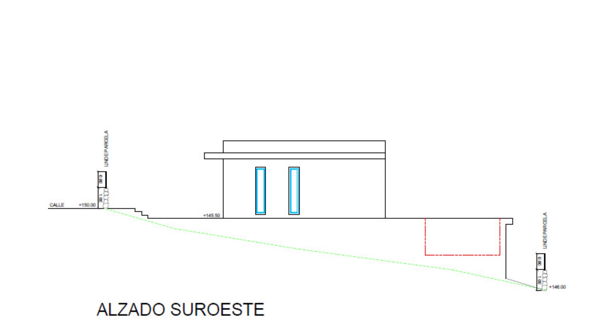 Technical drawing of the southwest elevation detailing the villa's architectural profile, terrain slope, and pool placement.