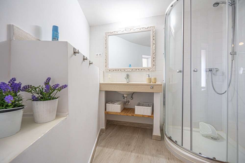 Renovated bathroom featuring a curved glass shower, stone vanity with wooden shelving, ornate mirror, and wood-effect ceramic flooring.