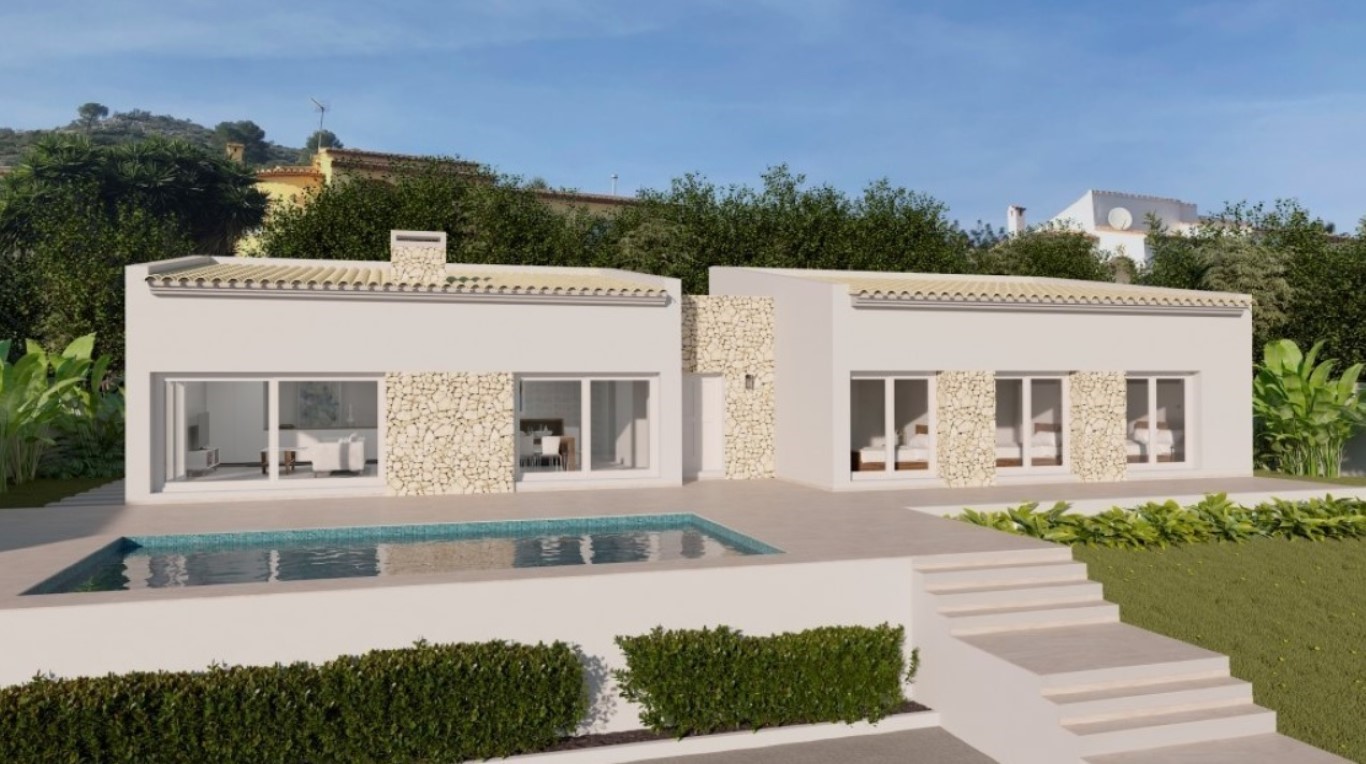 Modern single-story villa facade featuring natural stone accents, a rectangular swimming pool, and an expansive terrace overlooking the landscaped garden.