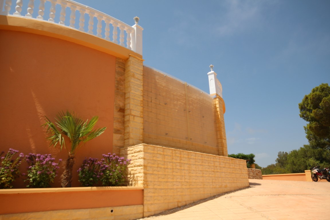 Exterior view showing a stone-clad retaining wall with a glass windbreak, white balustrades, and a landscaped planter featuring a small palm.