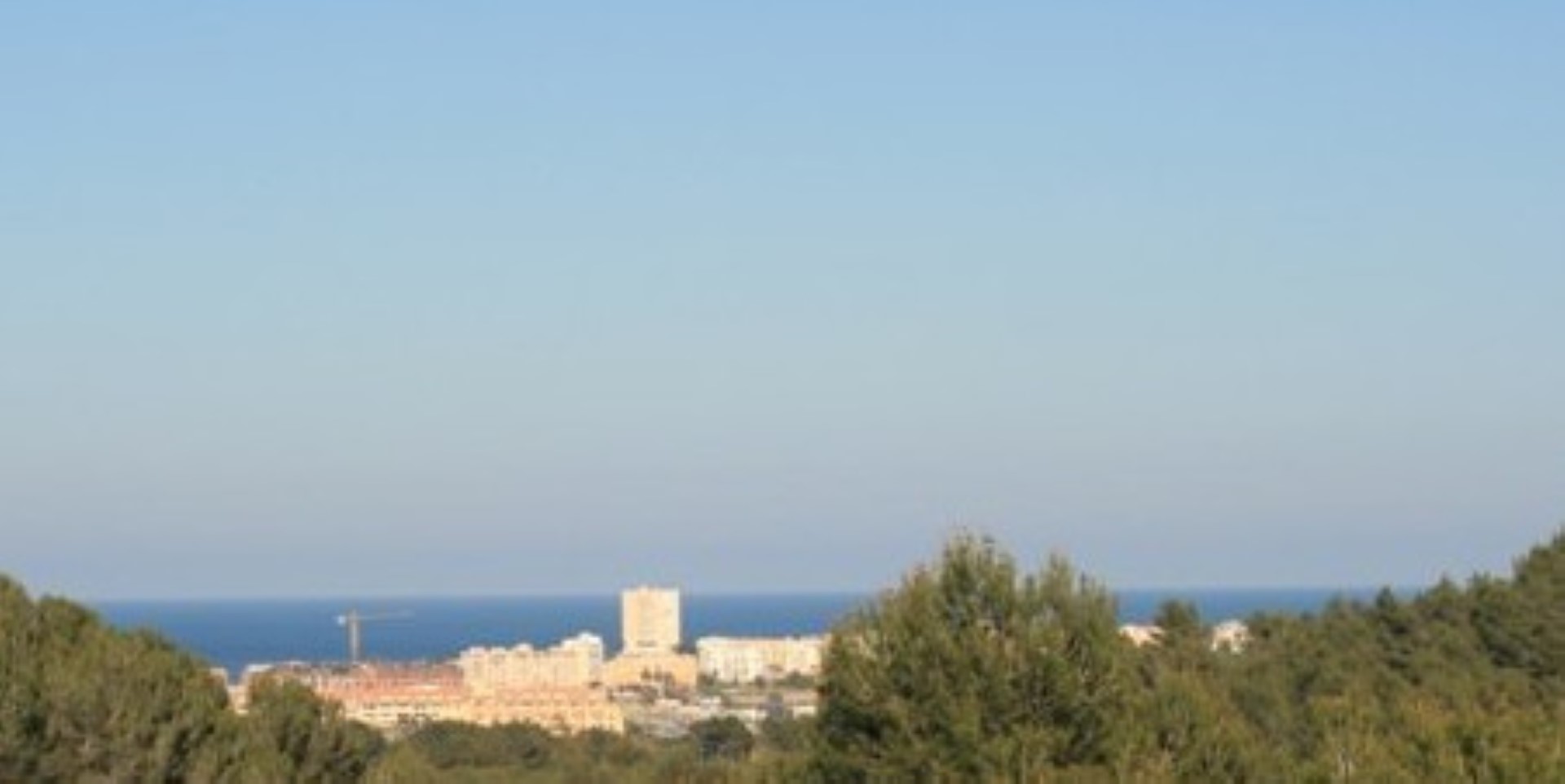 Elevated panoramic views of the Mediterranean Sea and coastal skyline, framed by lush pine trees and natural greenery under a clear sky.