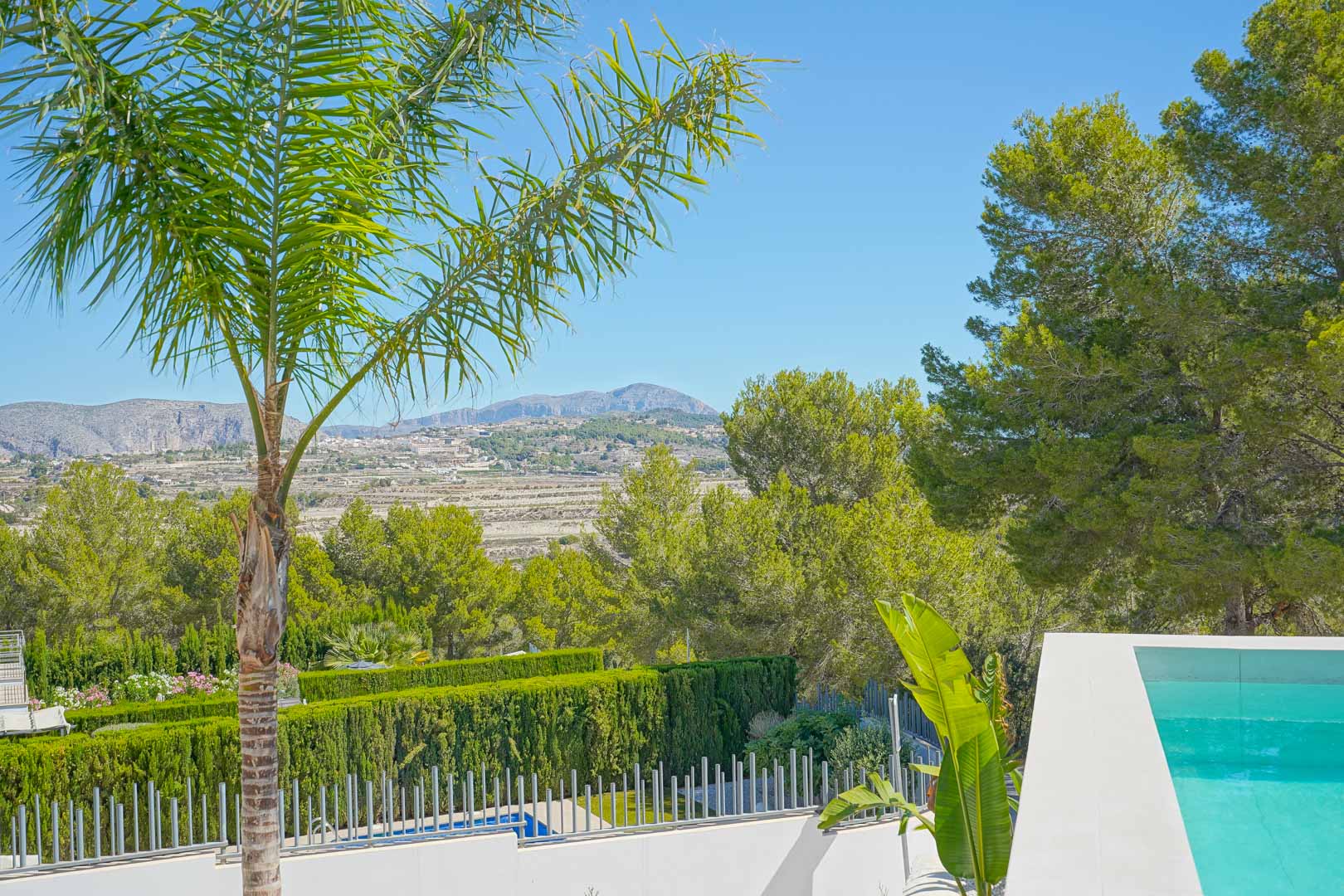 Panoramic view from the pool terrace, featuring landscaped Mediterranean gardens with palm trees, pine forests, and distant mountain silhouettes.