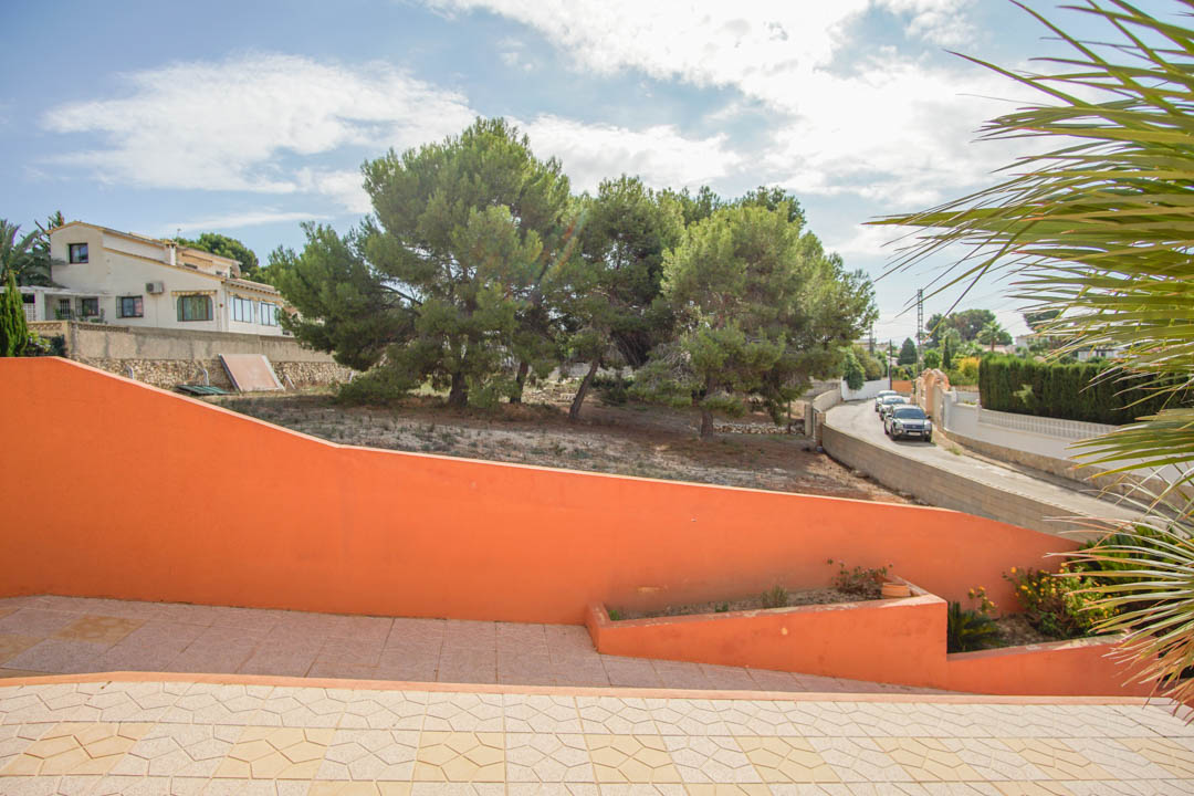 Exterior view from the paved terrace featuring the terracotta perimeter wall and mature pine trees overlooking the quiet residential access road.