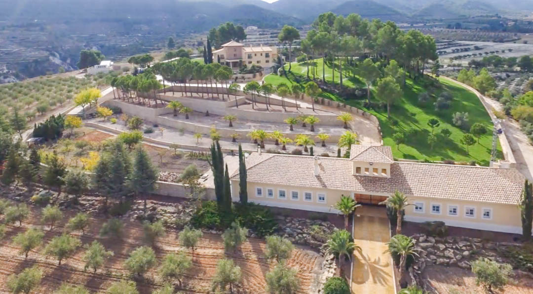 Aerial view of the estate featuring the large warehouse, terraced gardens with palms, and the main villa set against a backdrop of olive groves and mountains.