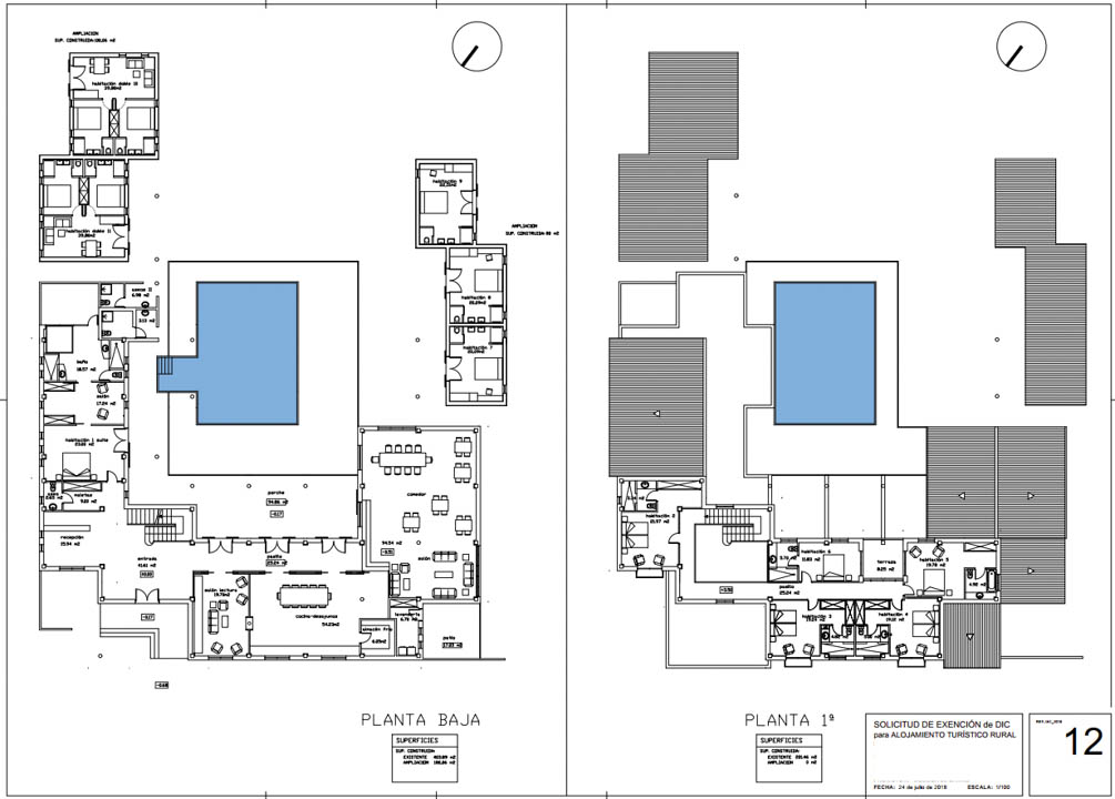Detailed architectural floor plans of the ground and first floors, illustrating the room layout, common areas, and central pool for the rural hotel conversion project.