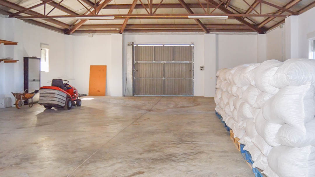 Spacious industrial warehouse featuring metal roof trusses, concrete flooring, and a large sliding door, designed for agricultural machinery and harvest storage.