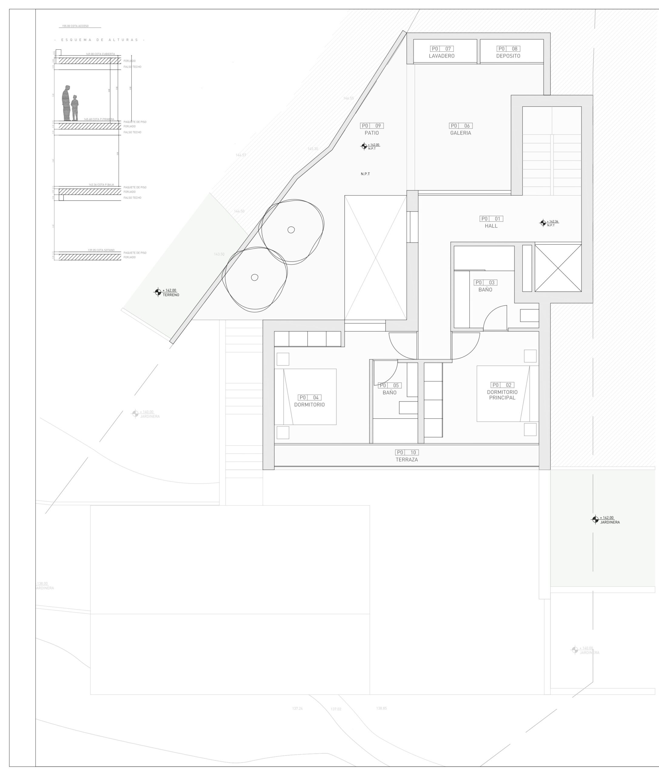 Detailed architectural floor plan illustrating the master suite, guest bedroom, laundry facilities, and terrace layout with elevator and stair access.