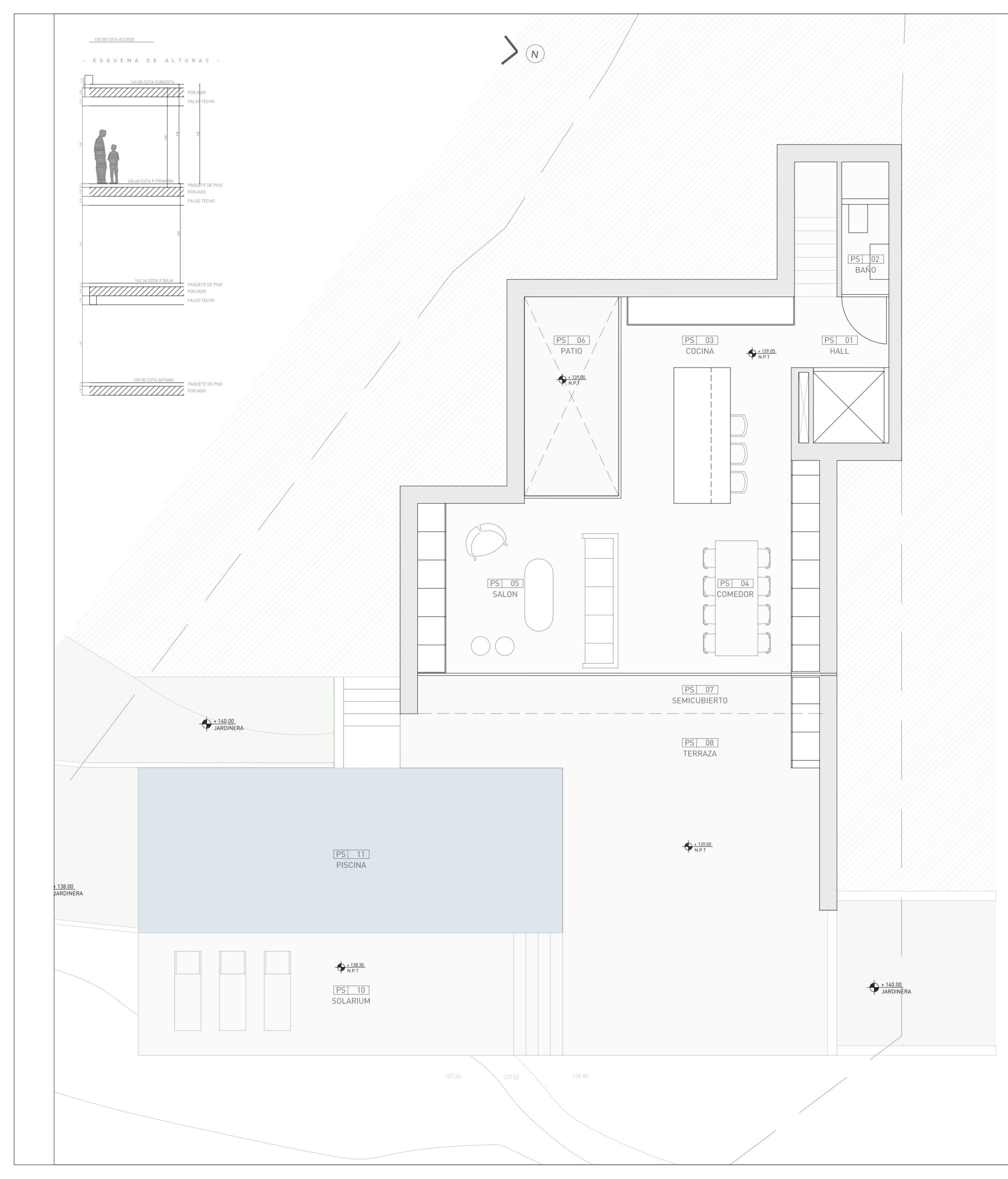 Detailed floor plan of the ground floor featuring an open-plan living area, kitchen with island, internal patio, and outdoor terrace with pool.