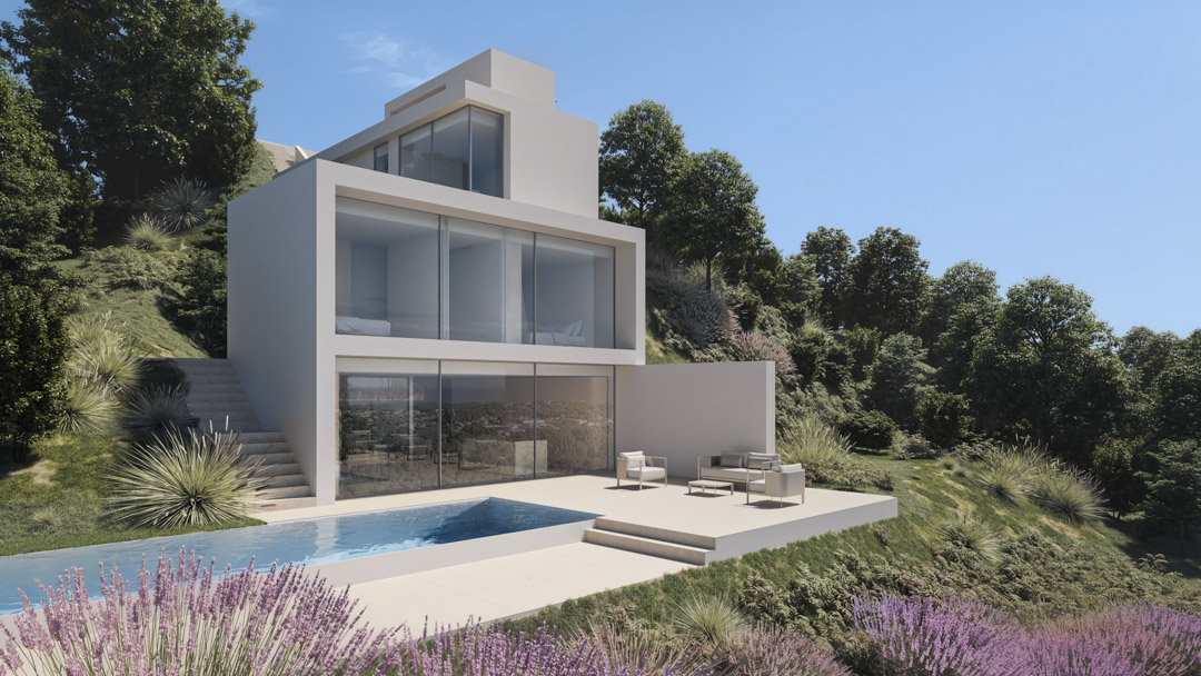 Exterior view of the modern white villa featuring tiered levels, floor-to-ceiling windows, a rectangular pool, and a minimalist terrace set against a lush hillside.
