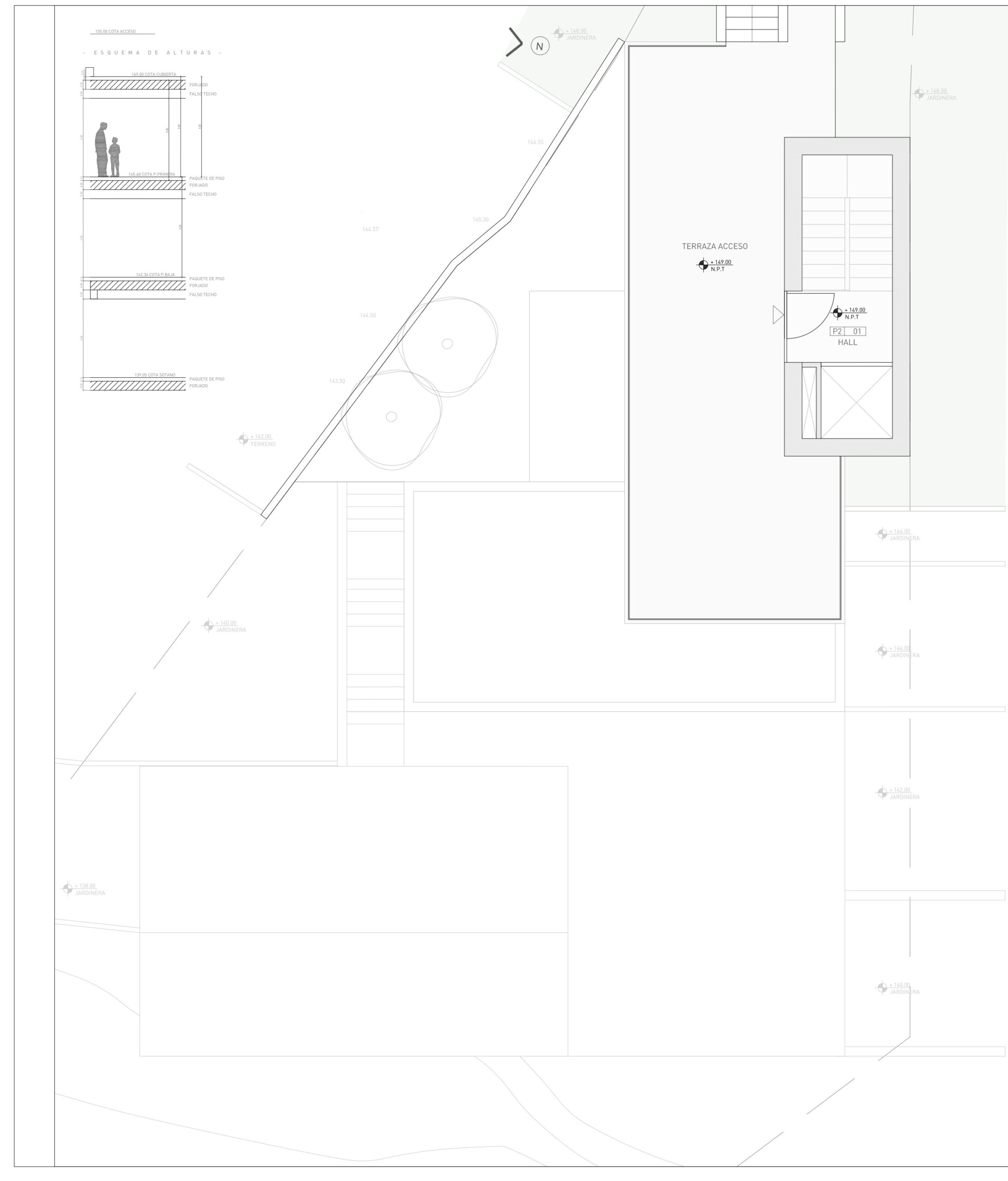 Technical architectural plan detailing the four-level height scheme, the entrance hall with elevator and stairs, and the spacious access terrace.